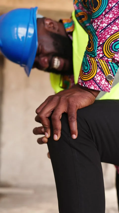 Vertical Video, African construction engineer clutches knee in pain at jobsite  Stock Footage 347379689
