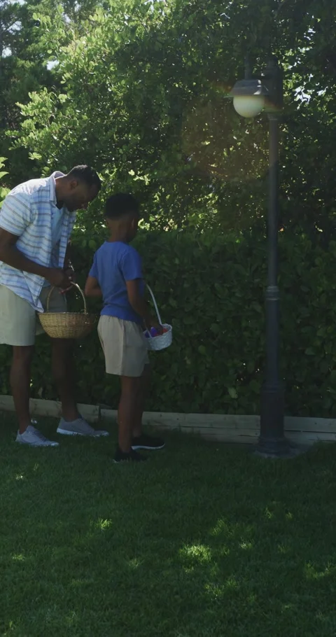 Vertical video: African dad and son walking by hedge, pointing to find items, Stock Footage 345396810