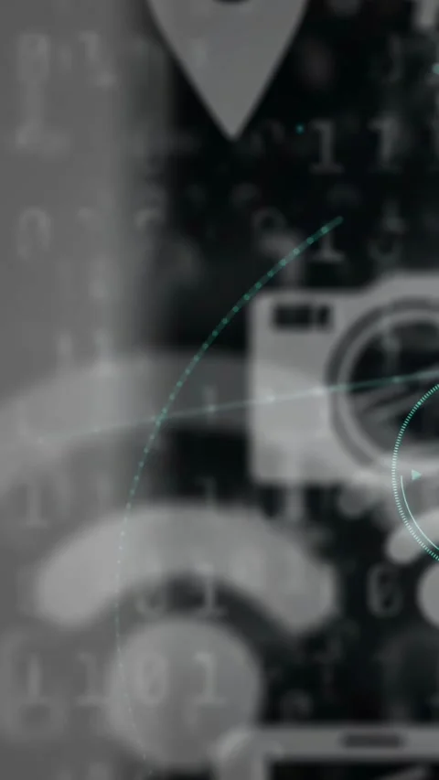 Vertical video: After 1s HUD layers forming and scanning over blurred camera, Stock Footage 340133266
