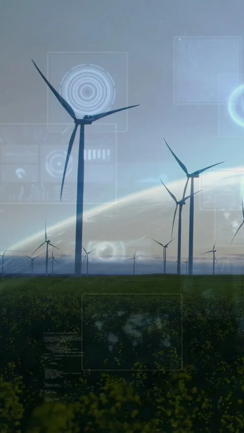 Vertical video: After camera lift turbines rotating while AR overlays rising to Stock Footage 332845806