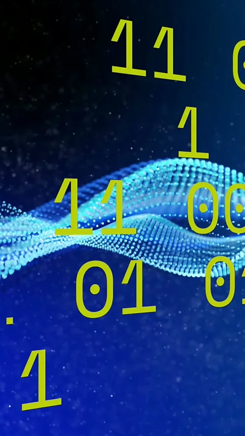 Vertical video: After cyan wave pulse, green digits drifting and scrolling, Stock Footage 334378304