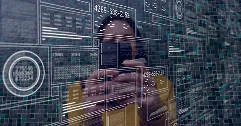 Vertical video: After data ping mid-adult man in yellow coat touching clear UI Stock Photos