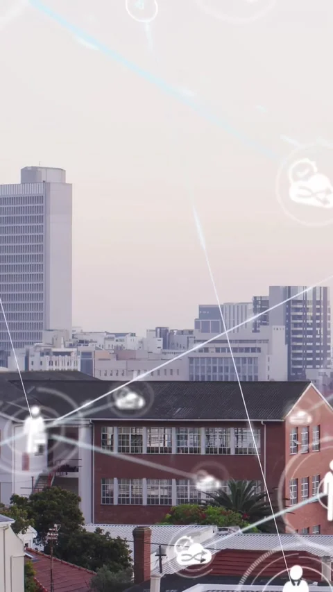 Vertical video: After pause, red-brick block anchoring, tech net emerging, icons Stock Footage 334187574