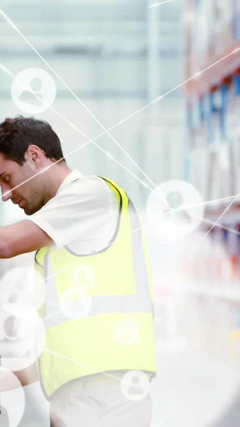 Vertical video: After pickup worker scanning code while icons growing, updating Stock Footage 330982180