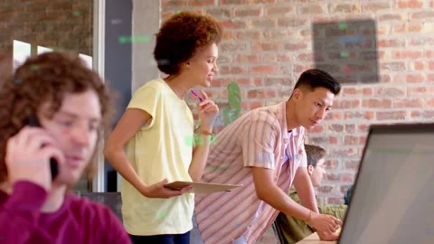 Vertical video: after spotting bug woman pointing at monitor with purple pen, Stock Footage 332542991