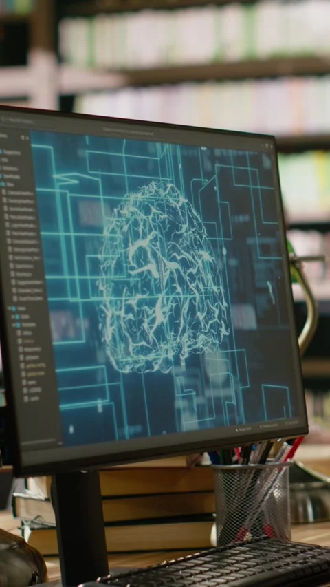 Vertical Video AI brain display filling desktop monitor in library study Stock Footage 337530672