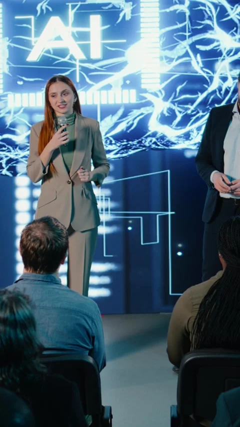 Vertical Video AI-driven business presentation showing machine learning and deep Stock Footage 328129113