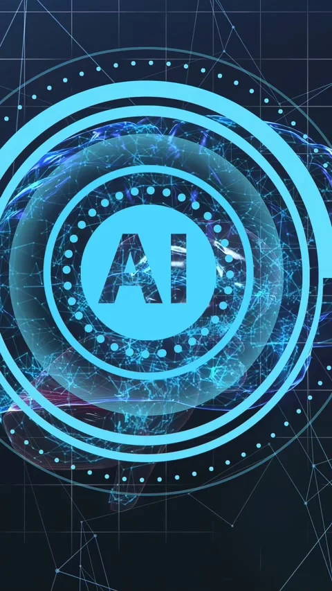Vertical video: AI emblem pulsing, rings rotating and dotted ring blinking, Stock Footage 334423395