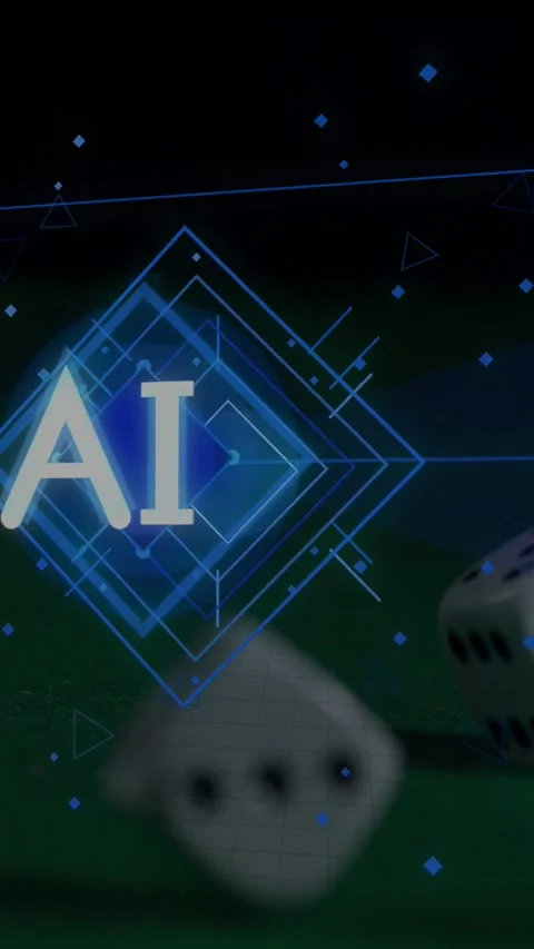 Vertical video: AI emblem pulsing over grid while dice rolling across felt Stock Footage 334836815