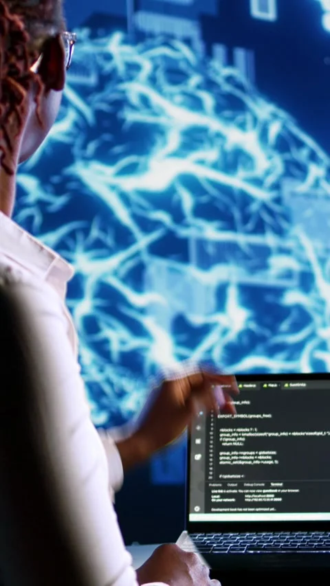 Vertical video AI executive runs code in data center Stock Footage 249077896