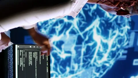 Vertical video AI executive runs code in data center Stock Footage 250360073