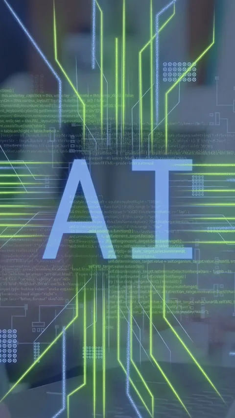 Vertical video: AI label sparking neon lines and code overlays revealing woman Stock Footage 334770856