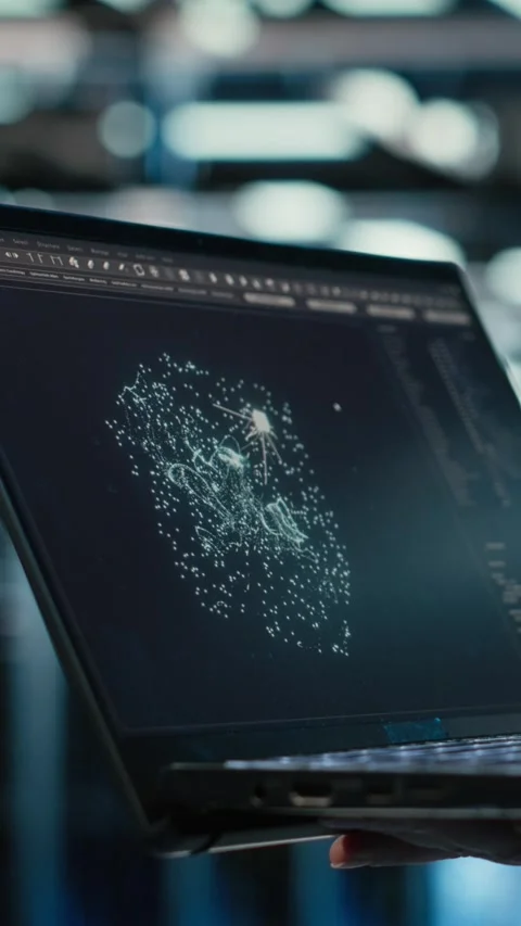 Vertical video AI LLM assistant, laptop closeup and technician in data center Stock Footage 329317171