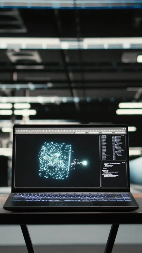 Vertical video AI machine learning LLM in data center on laptop used to Stock Footage 329320579