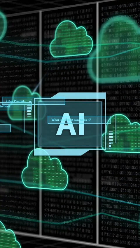 Vertical video: AI panel appearing, centering while neon clouds entering and Stock Footage 335802589