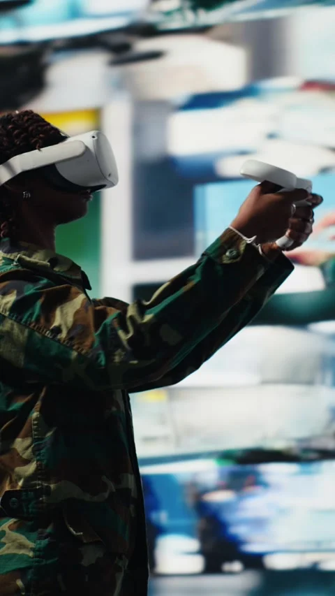 Vertical video Air defense commander using radar systems and virtual reality Stock Footage 318754087
