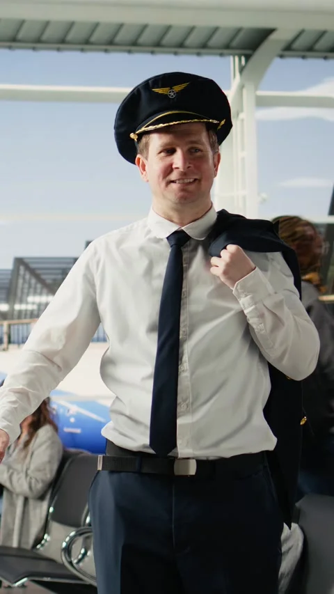 Vertical Video Airline captain in uniform walking through busy airport terminal Stock Footage 344372781