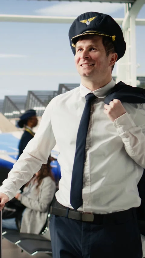 Vertical Video Airline pilot in captain uniform walking through airport terminal Stock Footage 344372799
