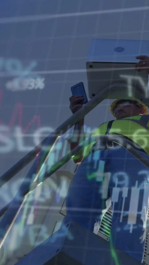 Vertical video: Alarm ringing tech on lift raising tablet up using phone Stock Footage 334605262