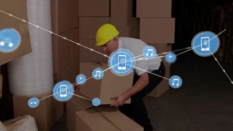 Vertical video: Alert icon causing man in hat tie sorting boxes in depot, blue Stock Footage 330426147