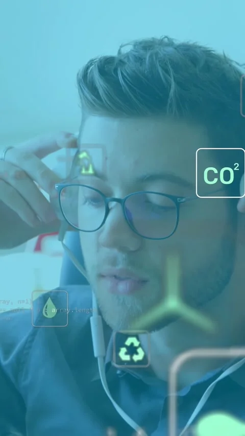 Vertical video: Alert making man lifting headphones adjusting fit monitoring CO2 Stock Footage 330359061