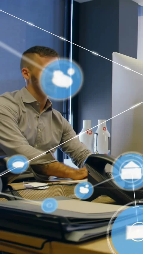 Vertical video: Alerts sparking mail and cloud icons forming net around man Stock Footage 330359113