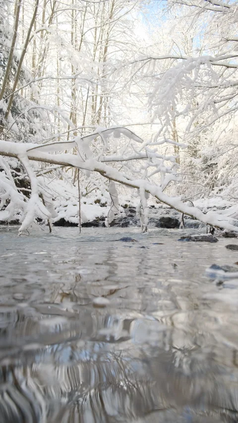 Vertical video of amazing winter river at sunny day. Crystal water in mountains Stock Footage 300940202