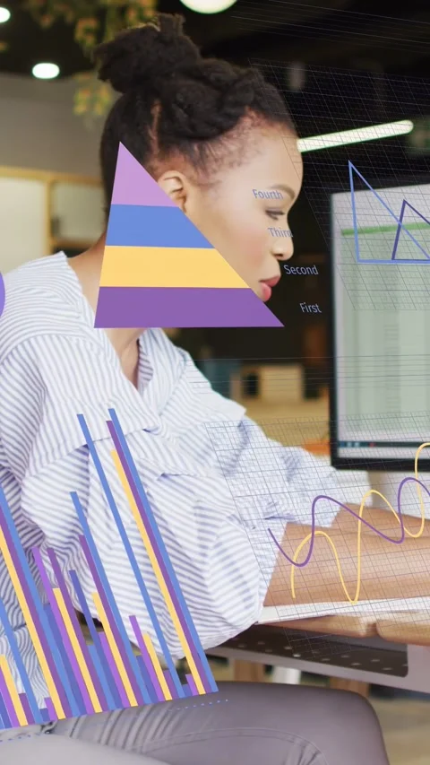 Vertical video: Analyst leaning and typing causing donut bars pyramid lines Stock Footage 333862183