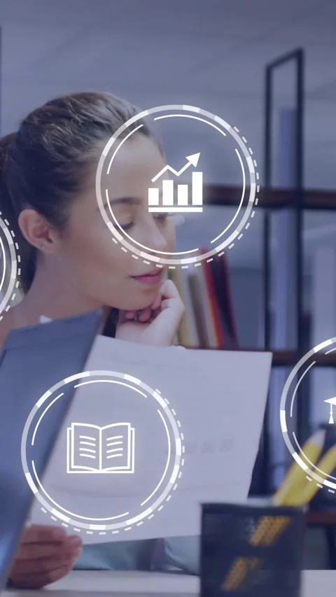 Vertical video: Analyst reading doc looking down and making HUD book chart icons Stock Footage 332957420