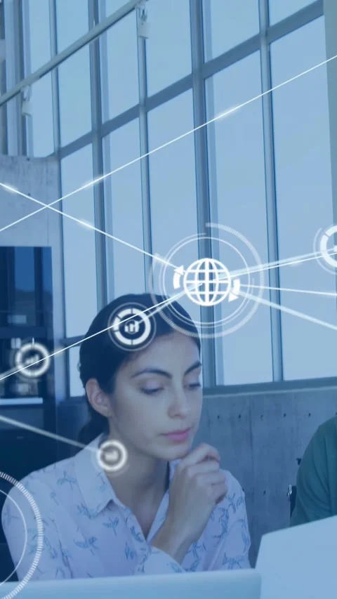 Vertical video: Analyst reading doc typing as globe starting tech net linking Stock Footage 340133325