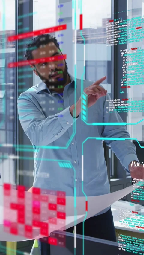 Vertical video: Analyst studying tech UI on glass, raising hand selecting code, Stock Footage 335507653