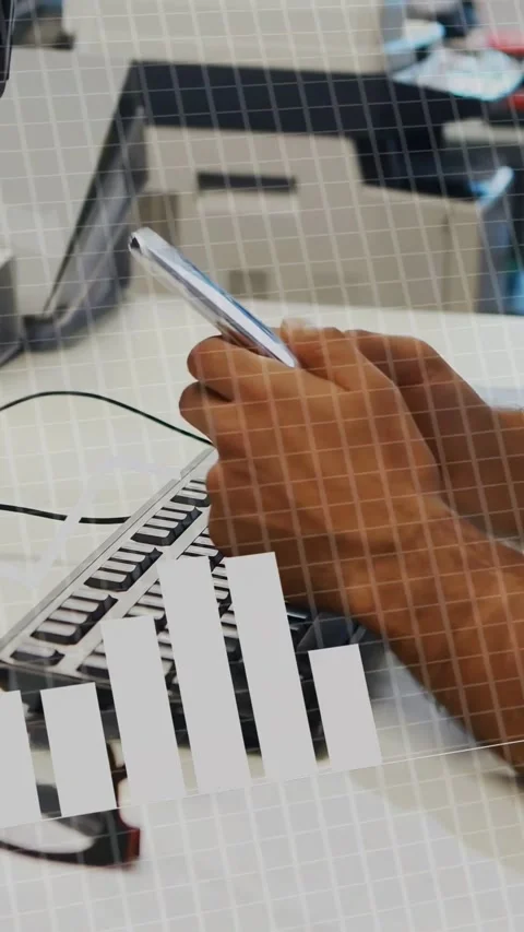 Vertical video: Analyst tapping phone and typing, reviewing data with animated Stockbeeldmateriaal 335802844