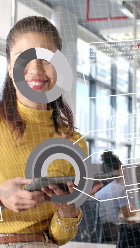 Vertical video: Analyst tilting tablet causing binary HUD and charts aligning, Stock Footage 333464980