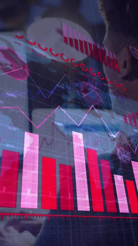Vertical video: Analyst turning to PC while data driving bars  and  virus icons Stock Footage 333821279