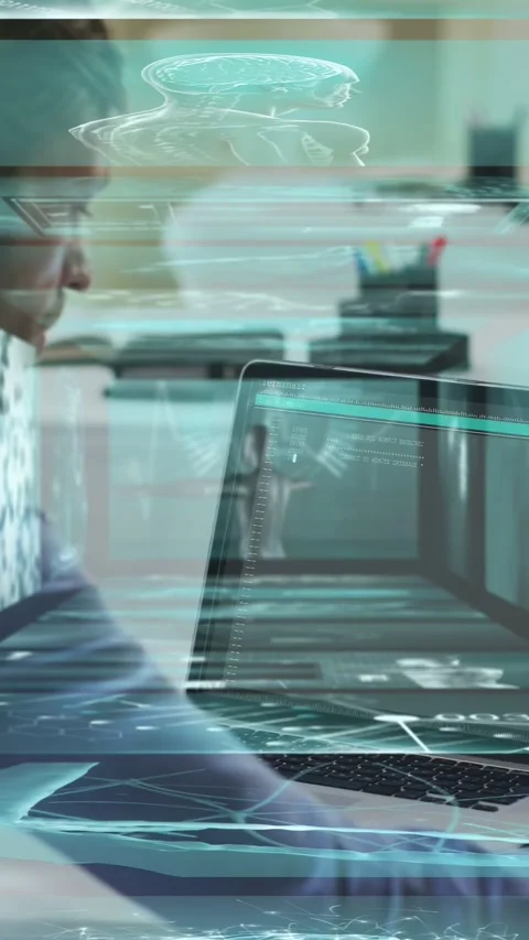 Vertical video: Analyst typing at laptop and starting brain holo and neural map Stock Footage 333006140