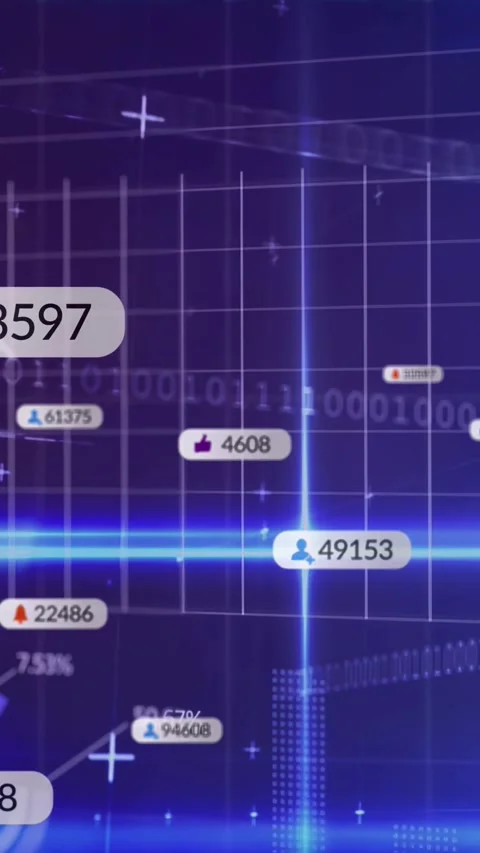Vertical video: Analytics HUD scanning code with neon crosshair, sliding counts, Stock Footage 332735136