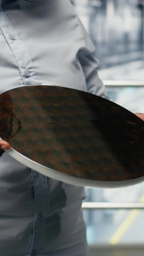 Vertical video Analyzing electronic components, silicon wafer and researchers Stock Footage 333614151