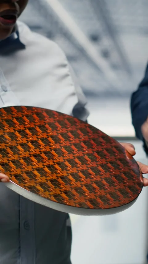 Vertical video Analyzing electronic components, silicon wafer and researchers Stock Footage 333614604