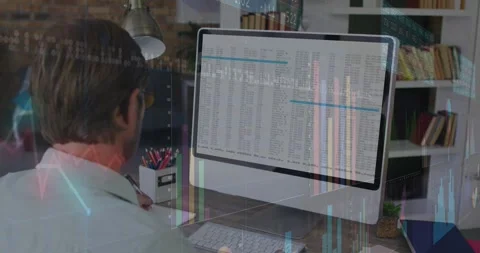 Vertical video: Analyzing man in collared shirt scanning monitor at desk for Stock Footage 331349649