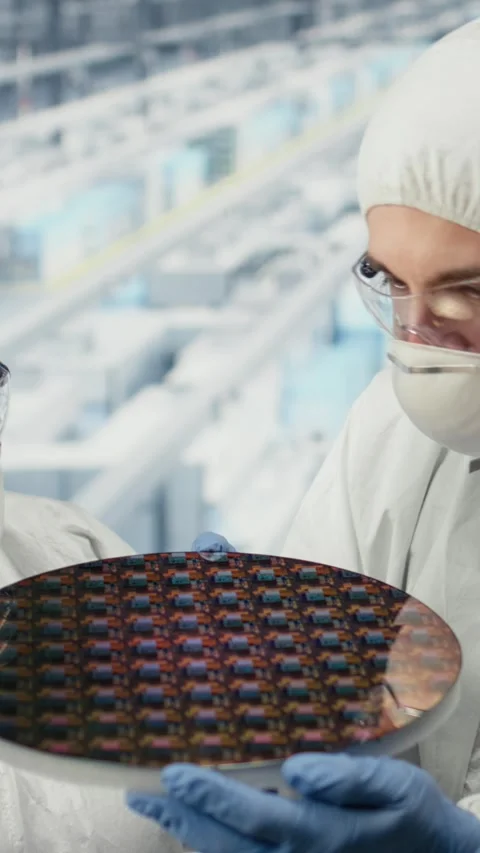 Vertical video Analyzing semiconductor substrates, microchip and SOC Stock Footage 333614282