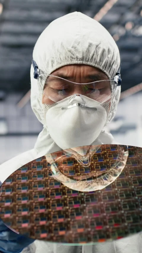 Vertical video Analyzing silicon wafer, advanced materials trial and close up of Stock Footage 333614735