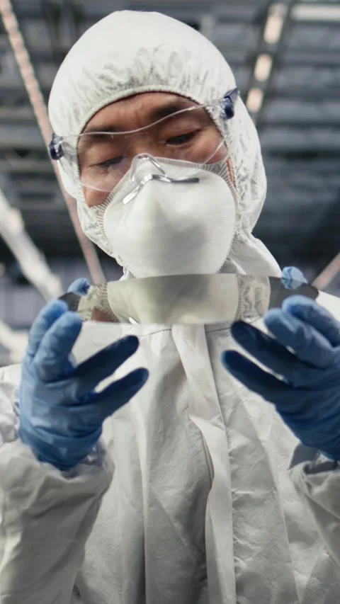 Vertical video Analyzing silicon wafer, advanced materials trial and close up of Stock Footage 333615127