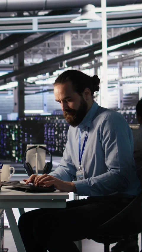 Vertical video Angry data center engineer banging fist on desk after seeing Stock Footage 309247197