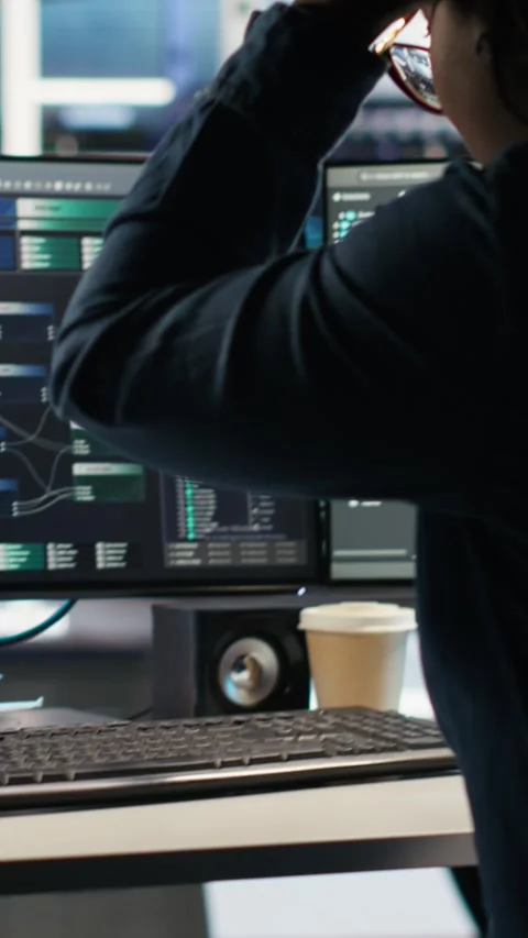 Vertical video Angry server farm engineer frustrated by bugged node tree systems Video stock 307969409