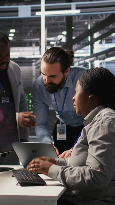 Vertical video Angry technicians in server room fighting after encountering Stock Footage 309248040