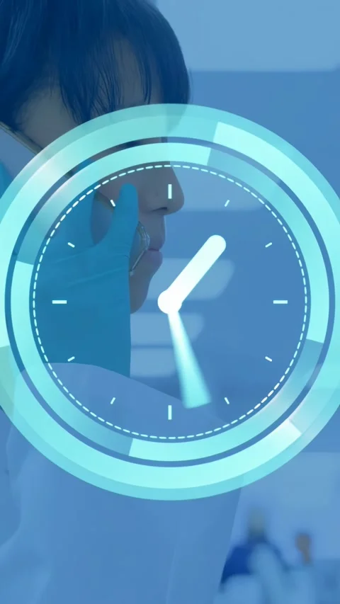 Vertical video: Animated clock filling center, causing lab tech touching cheek Stock Footage 331168670