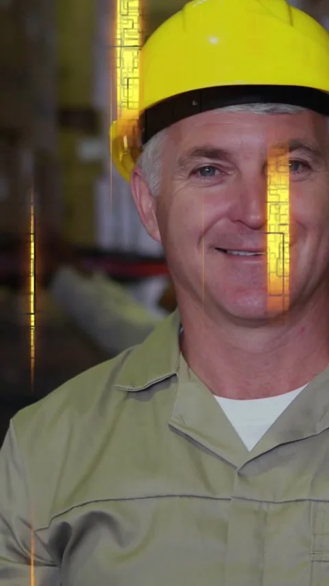 Vertical video: Animated gold bars sliding in warehouse worker smiling yellow Stock Footage 334550493