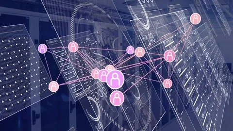Vertical video: Animated network appearing over racks, HUD sliding, nodes Stock Footage 332731647