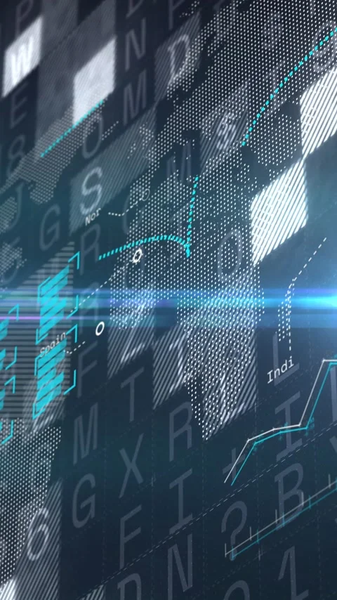 Vertical video: Animated world map with HUD data reacting to cyan sweep, Stock Footage 348567402