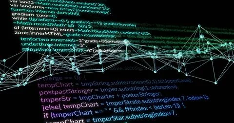 Vertical video: Animating 3D network graph after data stream over code, showing Illustrazione stock